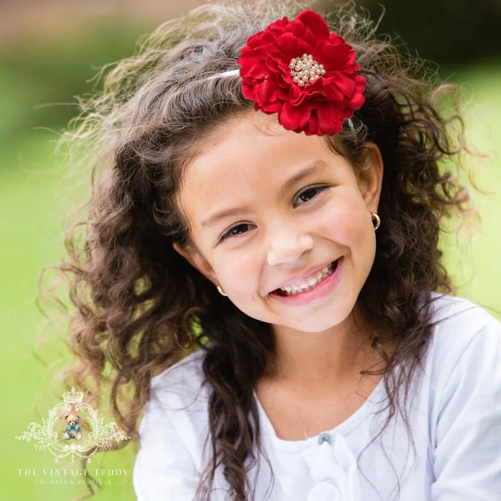 NWT Pretty Vintage Inspired Girls Headband Hair Floral Beaded Christmas Red OS